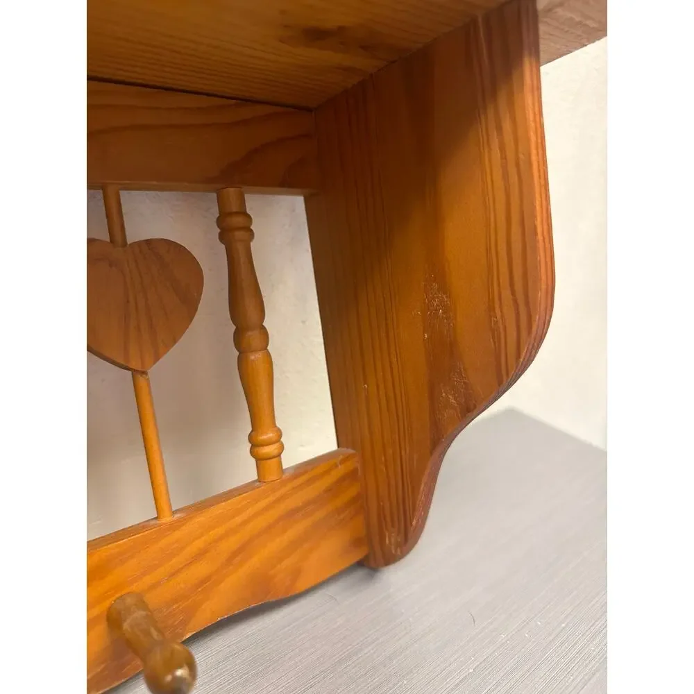 Vtg Wooden Heart Spindle Wall Shelf Five Pegs 23 inch Cottagecore Farmhouse